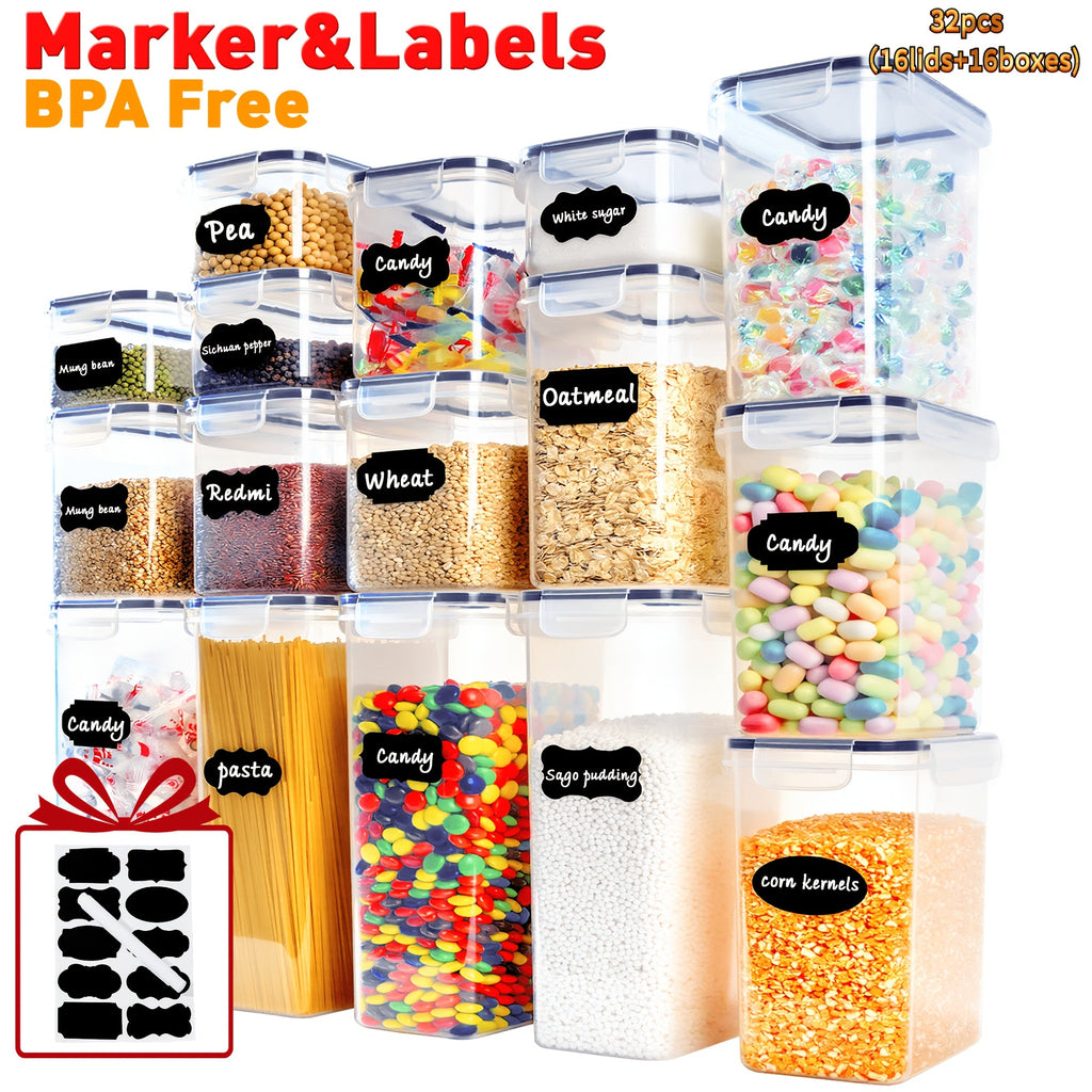 Airtight Food Storage Containers with Lids, BPA Free Leakproof Stackable Kitchen Organizer Set for Grain Nuts Cereal Pasta Dog Cat Food, with Labels & Marker