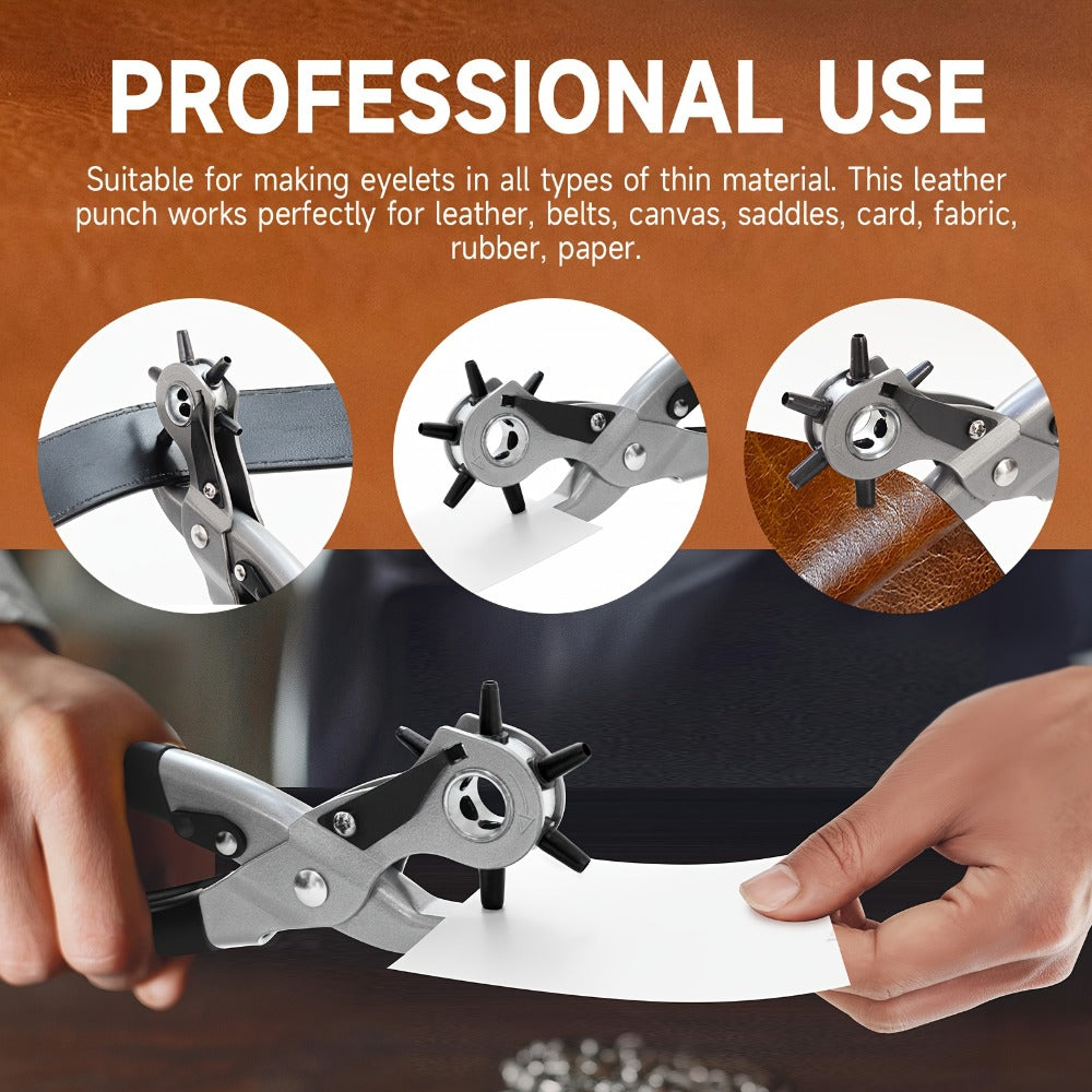 Leather Hole Punch for Belt - Heavy Duty 6-Hole Rotary Belt Puncher Kit for Saddles Shoes Fabric DIY Craft Projects Upgraded Round Hole Punching Tool (Black)