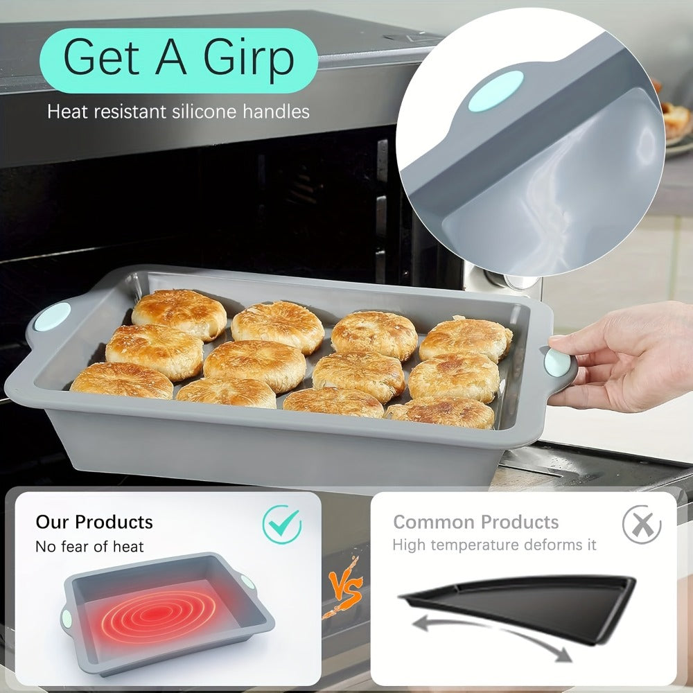 Silicone Baking Pans Set 4-Piece ¨C Nonstick Bakeware with Metal Reinforced Frame, Includes Baking Sheet, Cookie Sheet & Cake Pan with Grips, Oven Safe, Easy Release ¨C Navy Blue & Light Gray