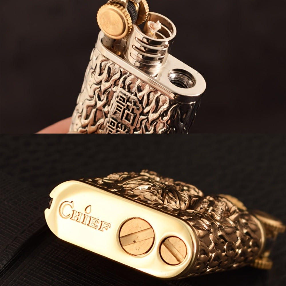 Kerosene Lighter 2-in-1 Permanent Match Flint Wheel Refillable ¨C Golden Windproof Pocket Lighter with Built-In Match Strike, Unique Gift for Men, Father¡¯s Day & Outdoor Use