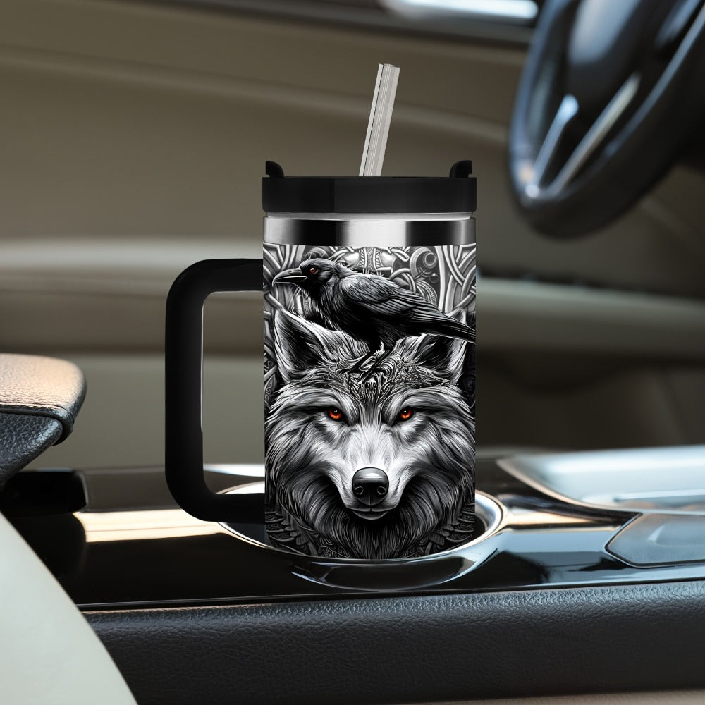 40oz Viking Tumbler with Handle - Wolf Raven Norse Mythology Celtic Knot Stainless Steel Insulated Travel Mug, Viking Gift for Men Women, Coffee Mug for Viking Lovers, Norse Mythology Gift
