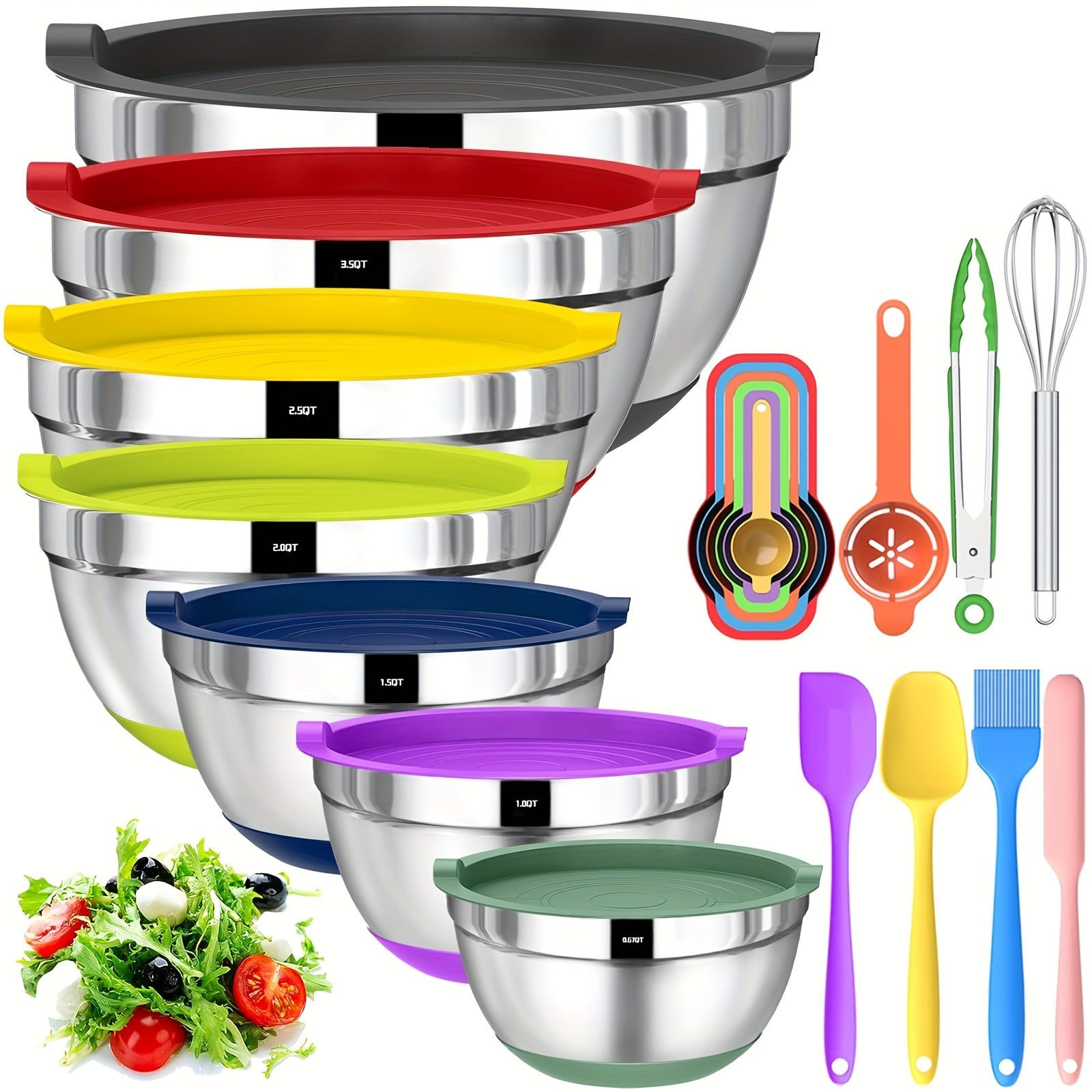 Stainless Steel Mixing Bowls with Airtight Lids 20-Piece Set ¨C Non-Slip Silicone Bottom, Nesting Bowls in 7 Sizes (0.67¨C7 QT) for Mixing, Baking & Serving ¨C Kitchen Bowl Set with Lids