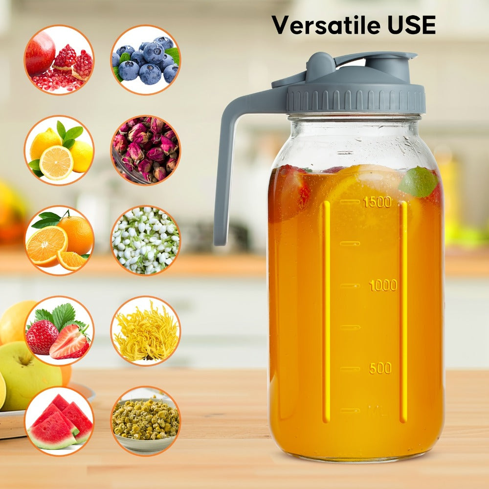 Mason Jar Pitcher 64oz Wide Mouth Glass Pitcher with Pour Spout & Handle ¨C 2 Pack Leak Proof Iced Tea Pitcher for Fridge, Coffee Creamer, Sun Tea & Juice