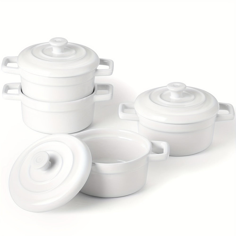Mini Cocotte Ceramic Casserole Dishes Set of 4 with Lids and Handles - 12oz Oven Safe Baking Ramekins Microwave Dishwasher Safe Cookware