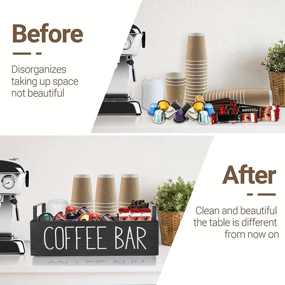 Coffee Bar Organizer Wooden Farmhouse Style - Rustic COFFEE BAR Sign Storage Tray for Pods Sugar Creamer Accessories, Waterproof Rectangular Countertop Organizer for Kitchen Coffee Station Decor