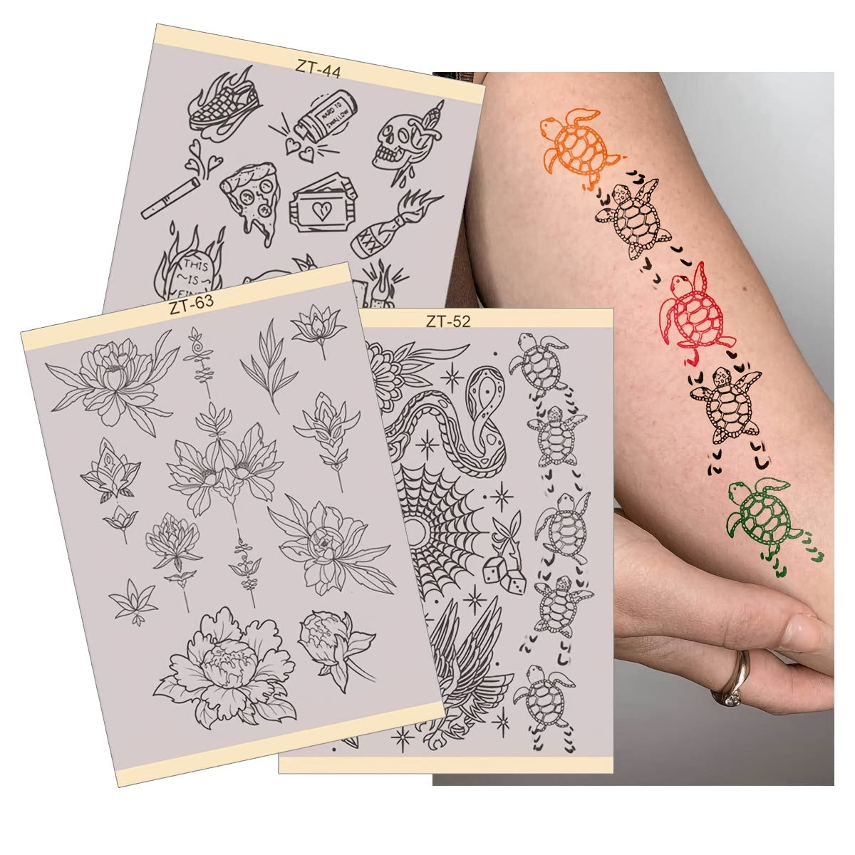 Tattoo Transfer Paper 3 Sheets ¨C Pre-Drawn Stencils with Floral, Paisley, Spiderweb, Snake & Pizza Designs ¨C A4 Size Body Art Stencil Kit for Beginners & Pros, No Electricity Needed