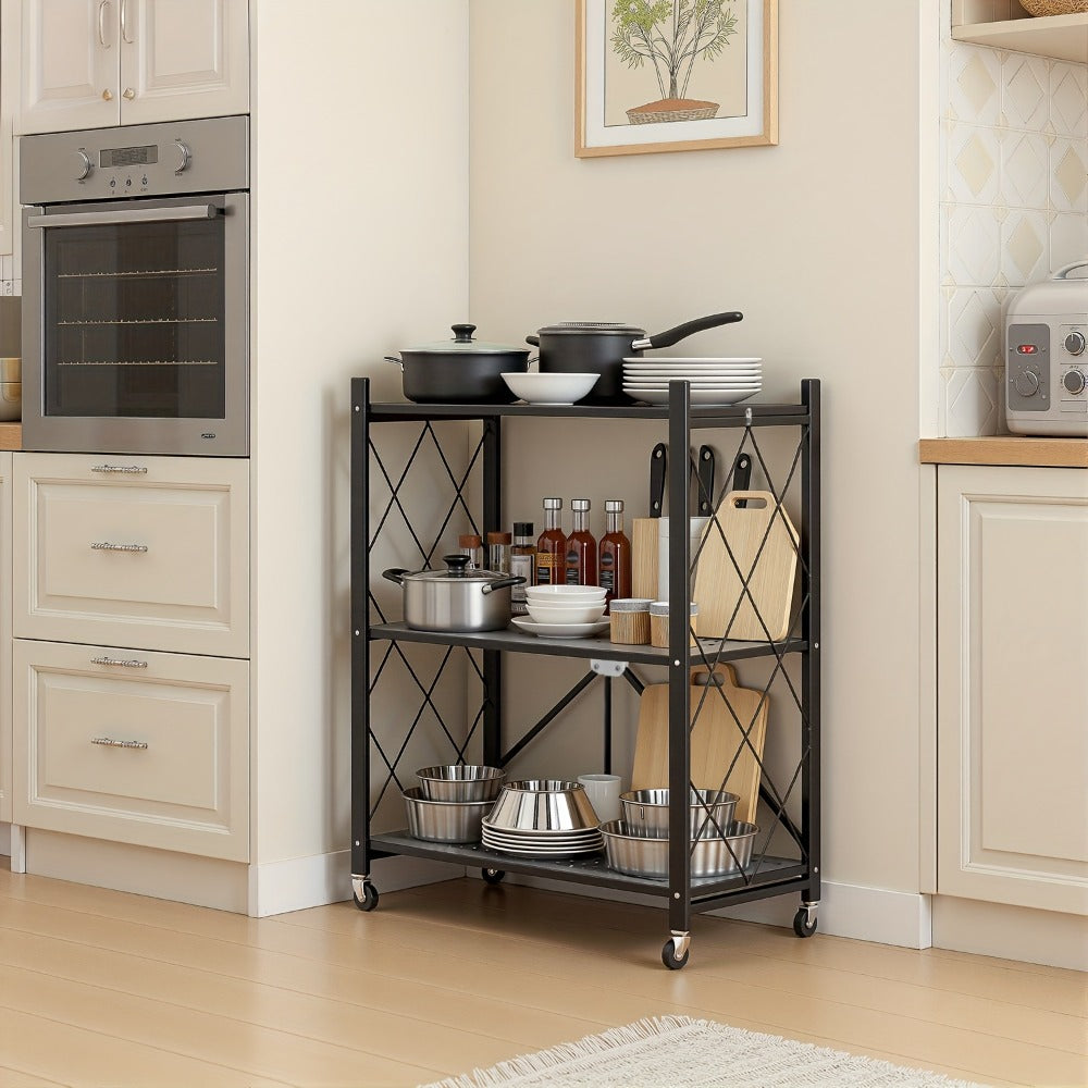 Foldable Storage Rack with Lockable Wheels 3 4 5 Tier Carbon Steel No Assembly Space Saving Floor Standing Shelf for Bedroom Balcony Garden