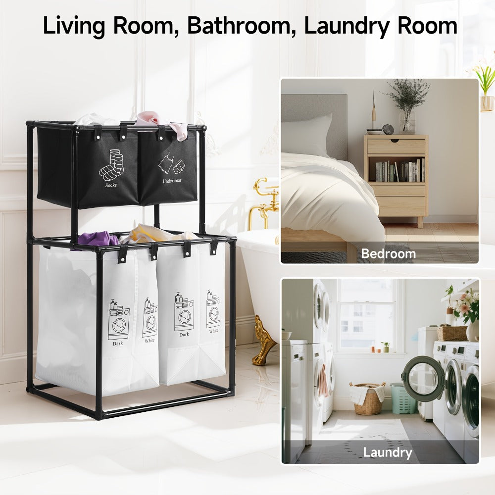 Laundry Sorter 2-Tier with Removable Bins - Collapsible Clothes Hamper Oxford Fabric Double Laundry Basket for Bedroom Bathroom Kids Adults Dorm Travel with 10 Cable Ties