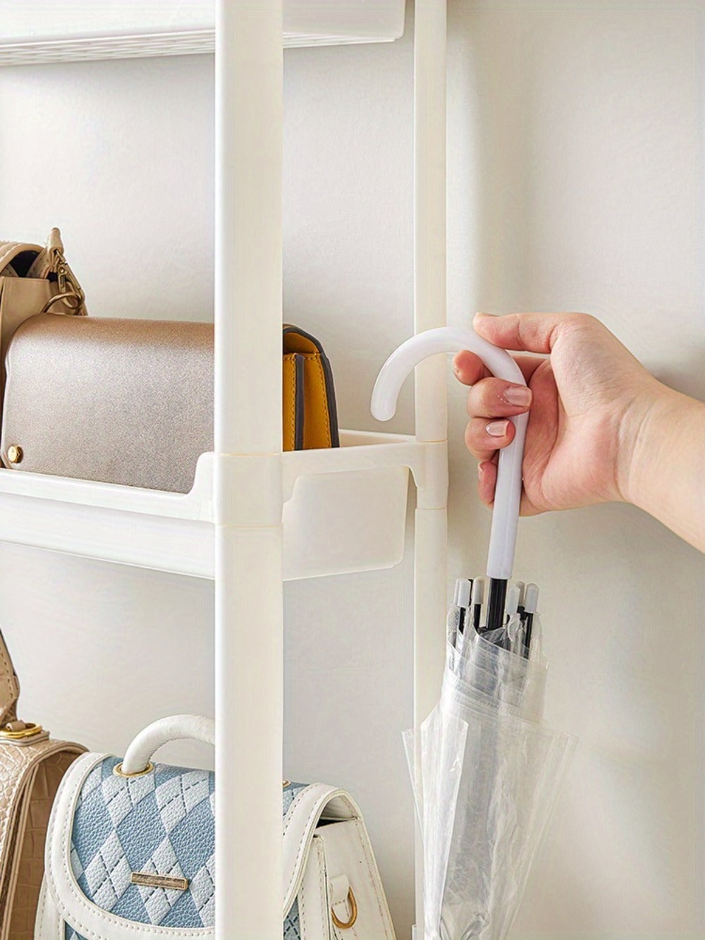 Behind Door Storage Rack, Multi-Layer Slim Organizer for Bathroom & Kitchen, Space Saving Over Door Shelf, Narrow Cabinet Rack with Fixed Hook, Plastic Stackable Storage