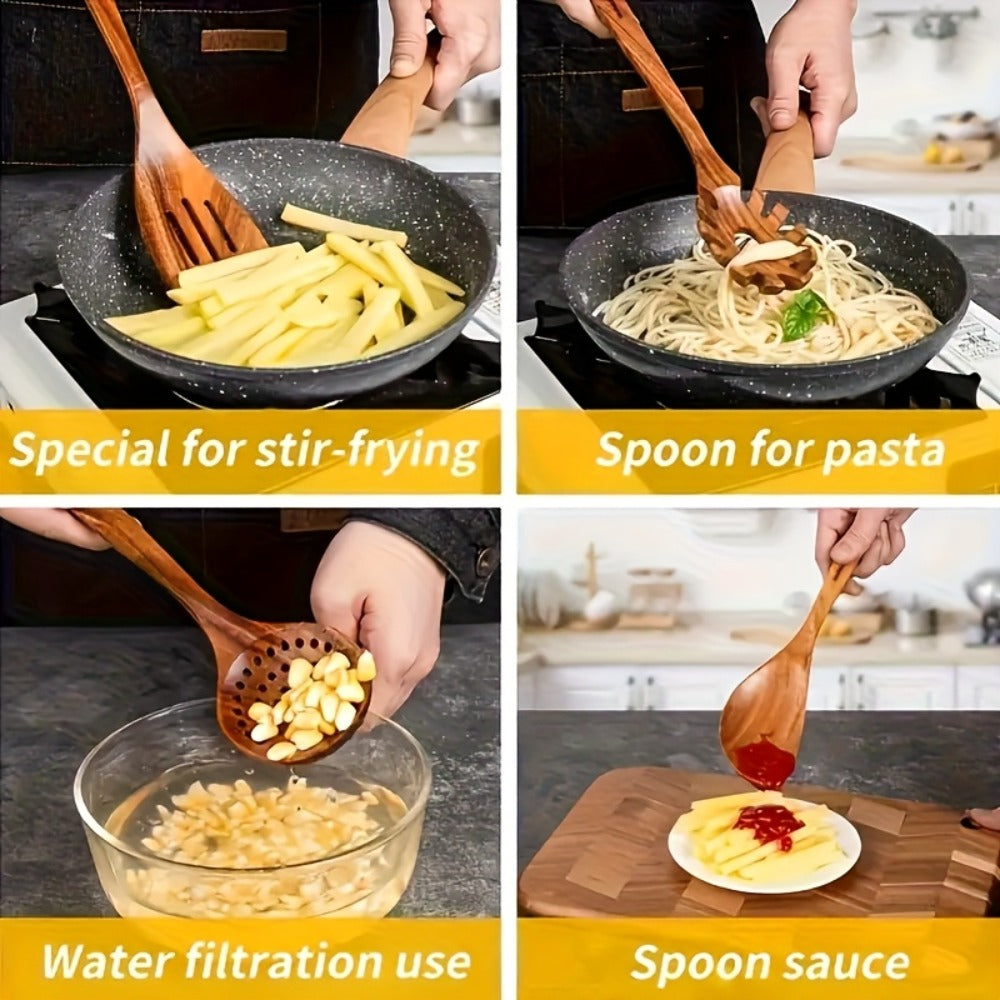 Wooden Kitchen Utensils Set ¨C Natural Wood Spoon Spatula & Wok Spatula with Ergonomic Handle, Heat-Resistant Non-Stick Safe Cooking Tools, Easy to Clean Durable Kitchen Essentials (5 / 6 / 10 Piece Sets)
