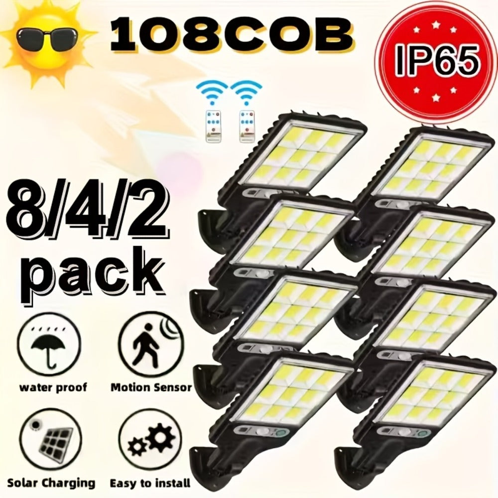 Solar Motion Sensor Security Wall Light 108COB LED ¨C Outdoor Solar Powered Street Light with Remote Control & 3 Modes | Waterproof Garden Spotlight for Patio, Porch, Door & Garage | 2/4/8pcs Pack