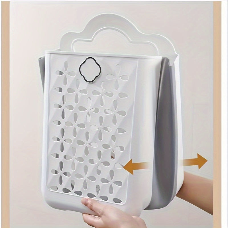 Foldable Laundry Basket Wall Mounted ¨C No-Drill Plastic Storage Bin with Cutout Design for Clothes, Toys, Snacks & Fruits ¨C Space-Saving Collapsible Organizer for Bathroom, Balcony & Bedroom