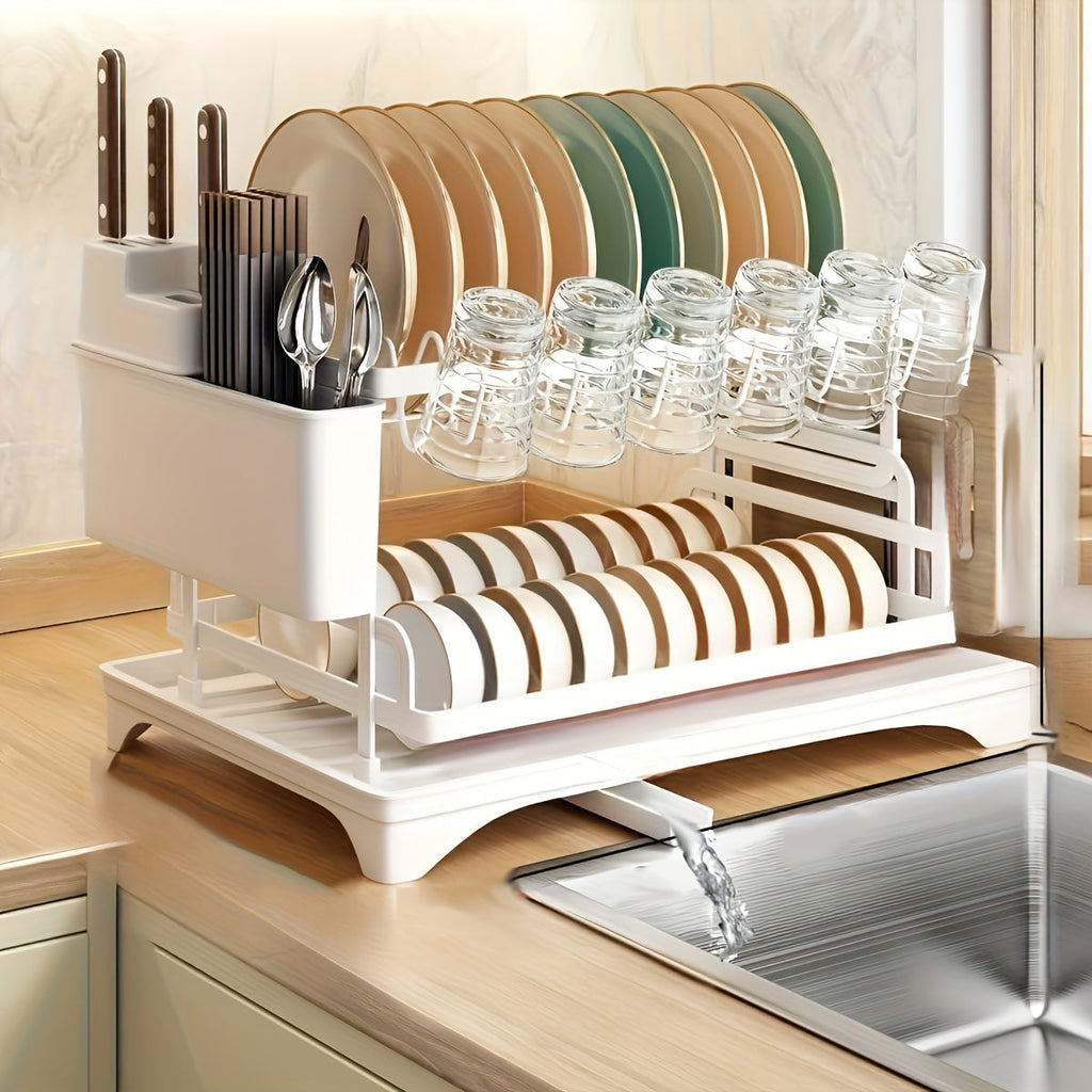 2-Tier Metal Dish Drying Rack with Drainboard ¨C Kitchen Counter Dish Drainer Compact Countertop Drying Rack Black White Gray