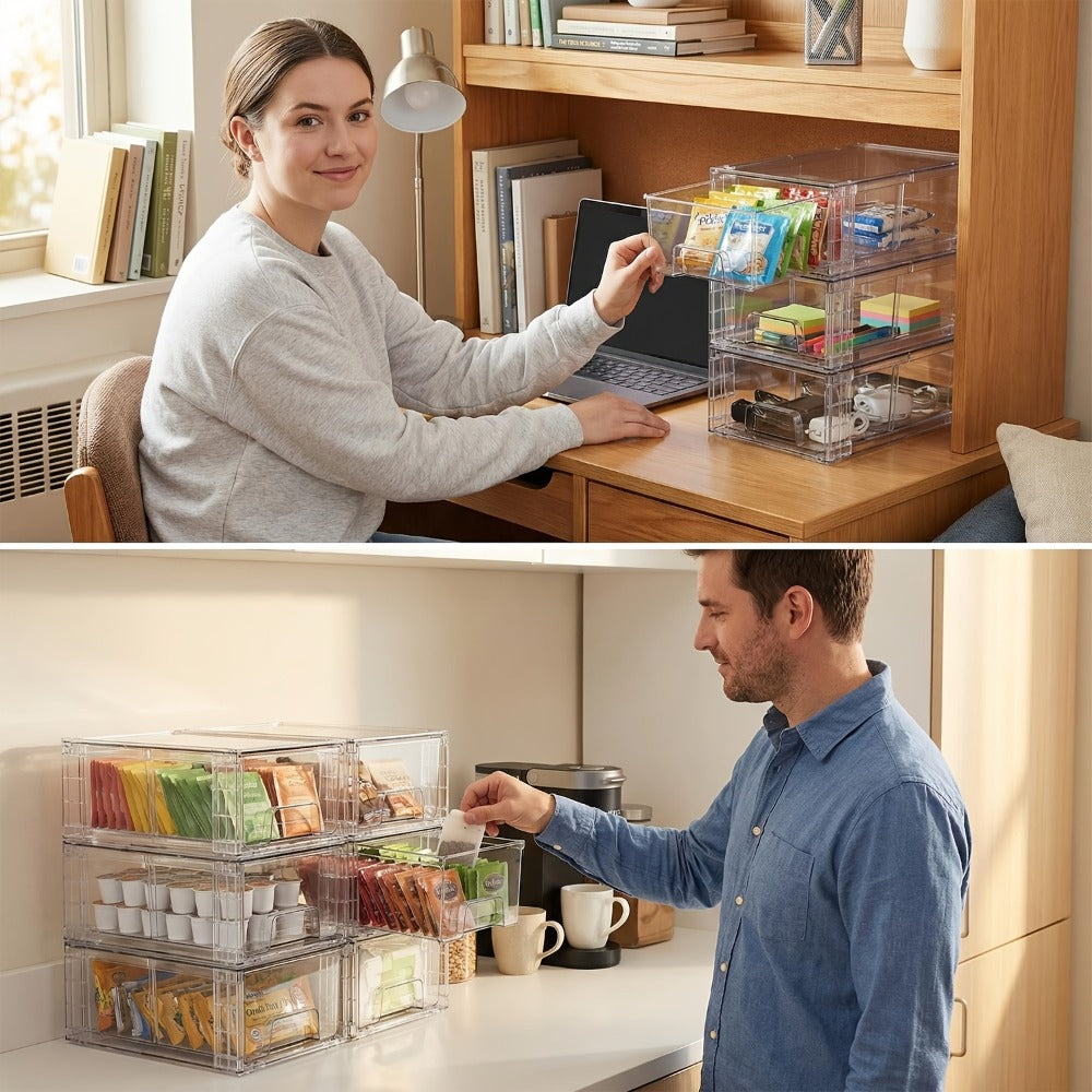 Clear Acrylic Storage Drawers with Handles - Stackable Refrigerator and Pantry Organizer Bins for Snacks Fruits and Vegetables, Food Safe Pull-Out Drawer Bins for Fridge Kitchen Cabinet Under Sink and Bathroom, Available in 4, 6, 8 or 10 Pack