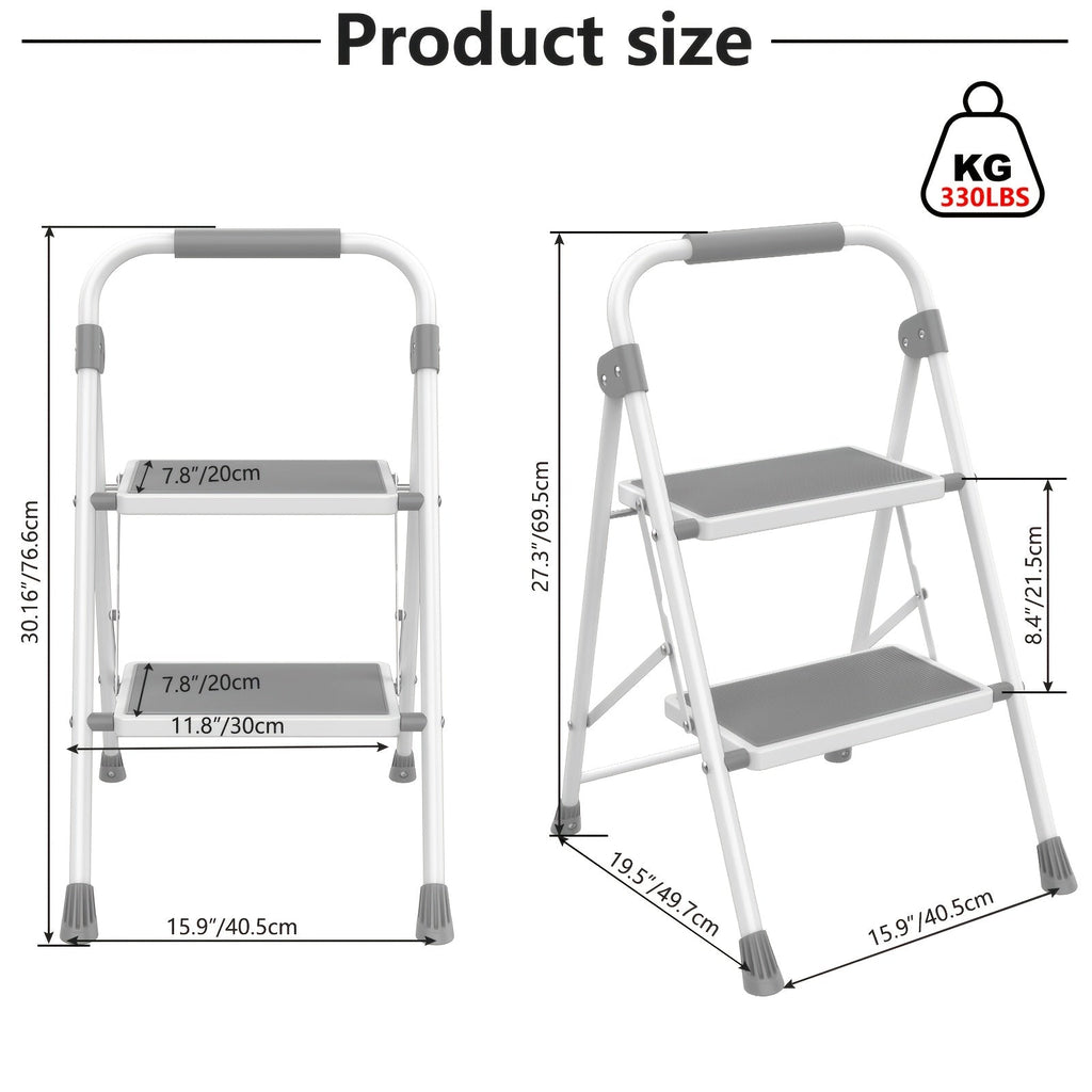 Heavy Duty Folding Steel Step Stool with Storage Shelf & Wide Anti-Slip Pedal, 800 lbs Capacity, 2/4-Step Sturdy Portable Step Ladder for Home, Garage & Workshop, Black, Grey & White