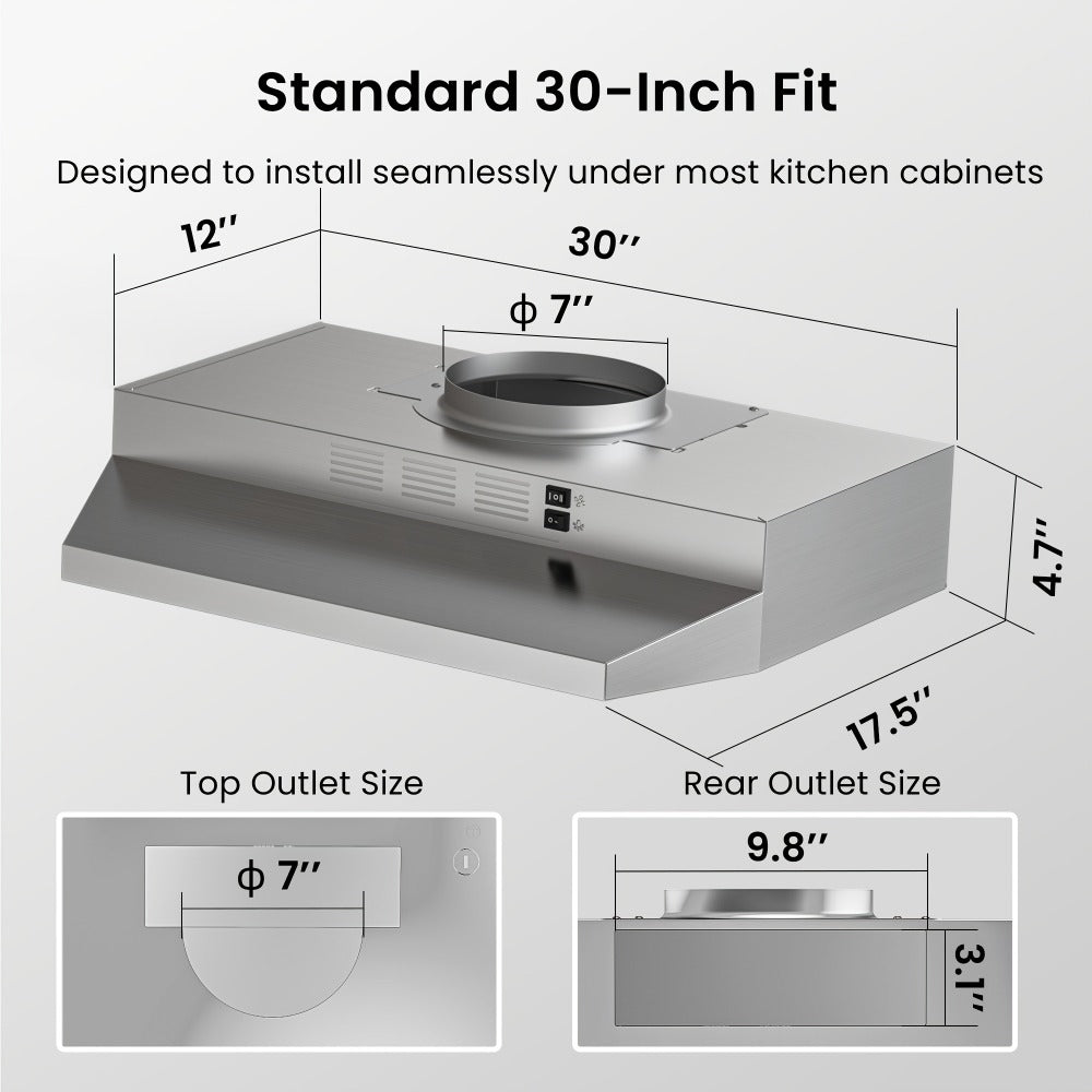 Range Hood 30 Inch Under Cabinet 350 CFM Ducted Ductless Convertible Kitchen Vent Hood with LED Light 2-Speed Exhaust Fan Stainless Steel Black White