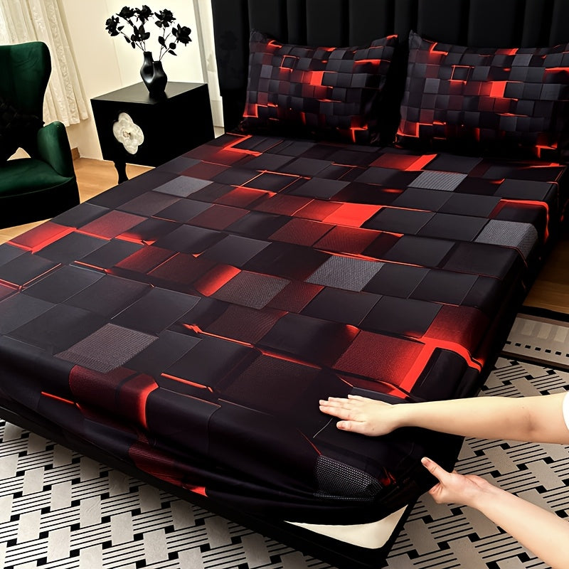 Fitted Sheet Set 3 Piece Digital Print Plaid - Deep Pocket 15 Inch Bed Sheet with 2 Pillowcases, 85% Polyester Soft Breathable Bedding Set for Twin Full Queen King, All Season Mattress Cover