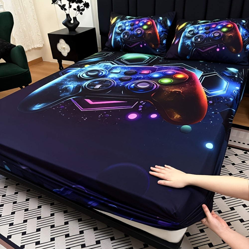Gaming Bed Sheet Set 3pcs Fitted Sheet + 2 Pillowcases Gamepad Bedding Deep Pocket Machine Washable Boys Girls Dorm Room Decor Gift for Gamers (No Filling)
