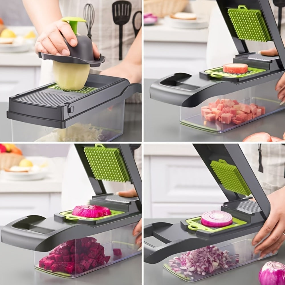 14-in-1 Vegetable Chopper & Food Dicer | Stainless Steel Blades, Large Capacity Collector, Egg Separator, Easy Clean ¨C Manual Kitchen Slicer Grater