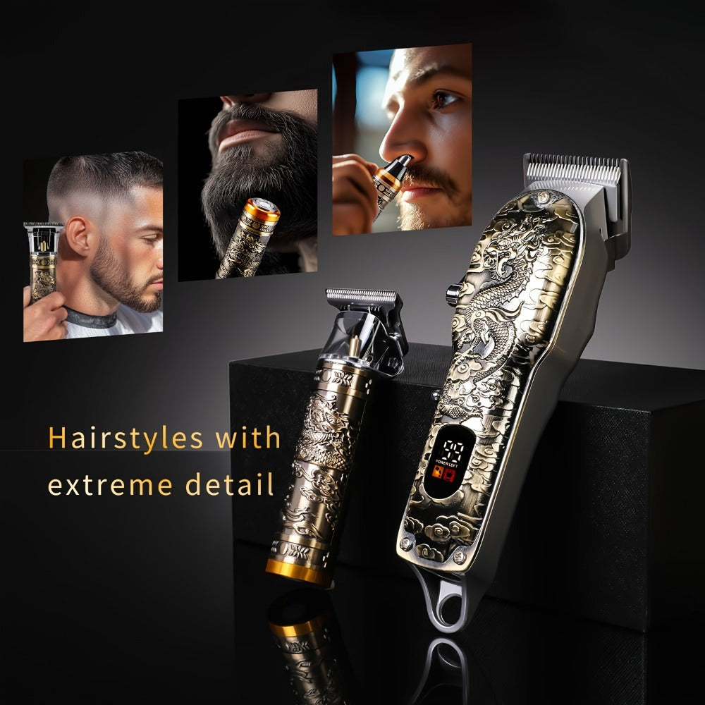 4-in-1 Men's Grooming Kit - Dragon Engraved Hair Clipper, T-Blade Trimmer, Nose Groomer & Shaver, 6000 RPM Motor, USB Rechargeable, LED Battery Display, Perfect Gift for Men
