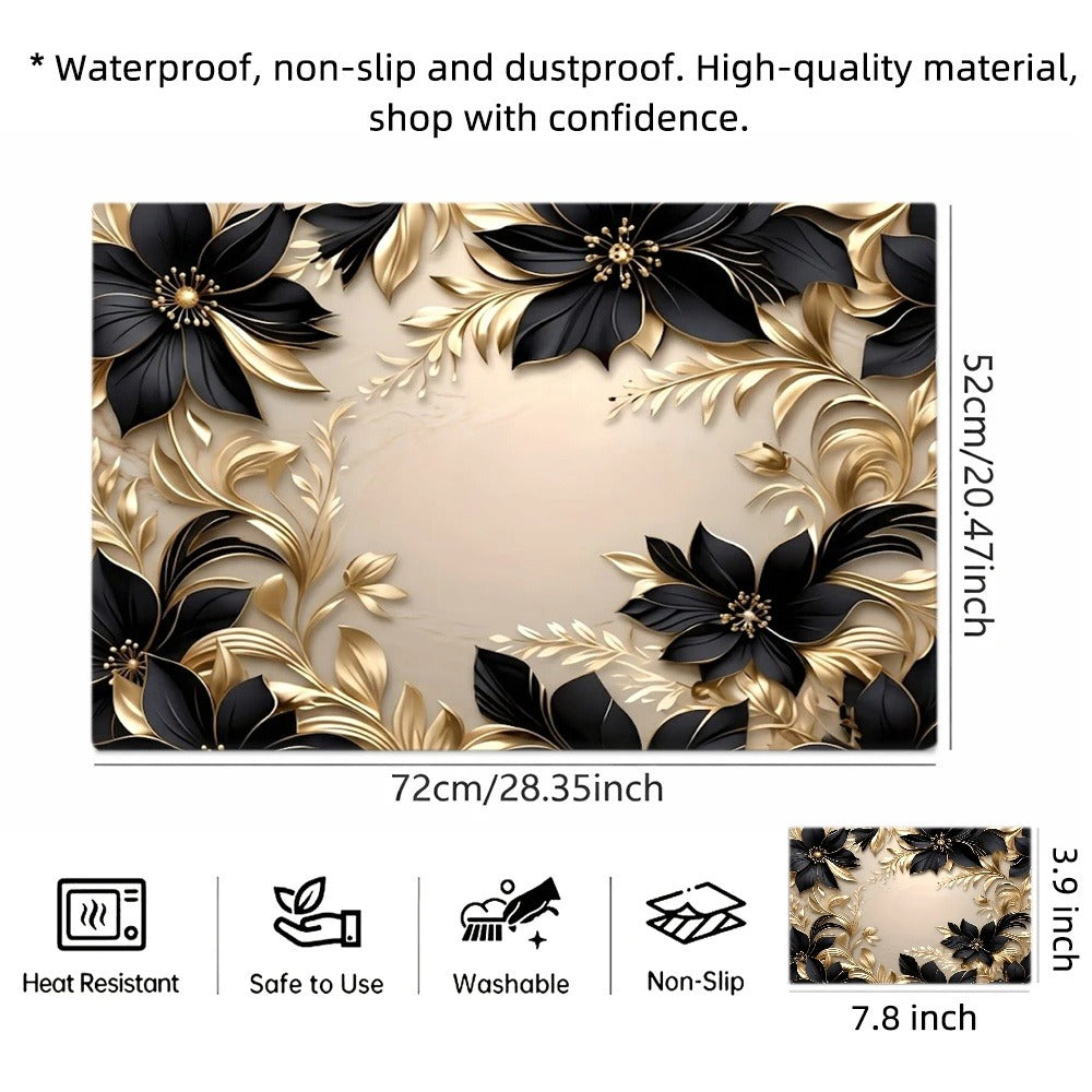 Gas Stove Protector Mat Luxury Black Gold Floral | Heat-Resistant Stain-Proof Cooktop Cover | Reusable for Induction Cooker, Glass Cooktop, Oven & Washer Dryer Top