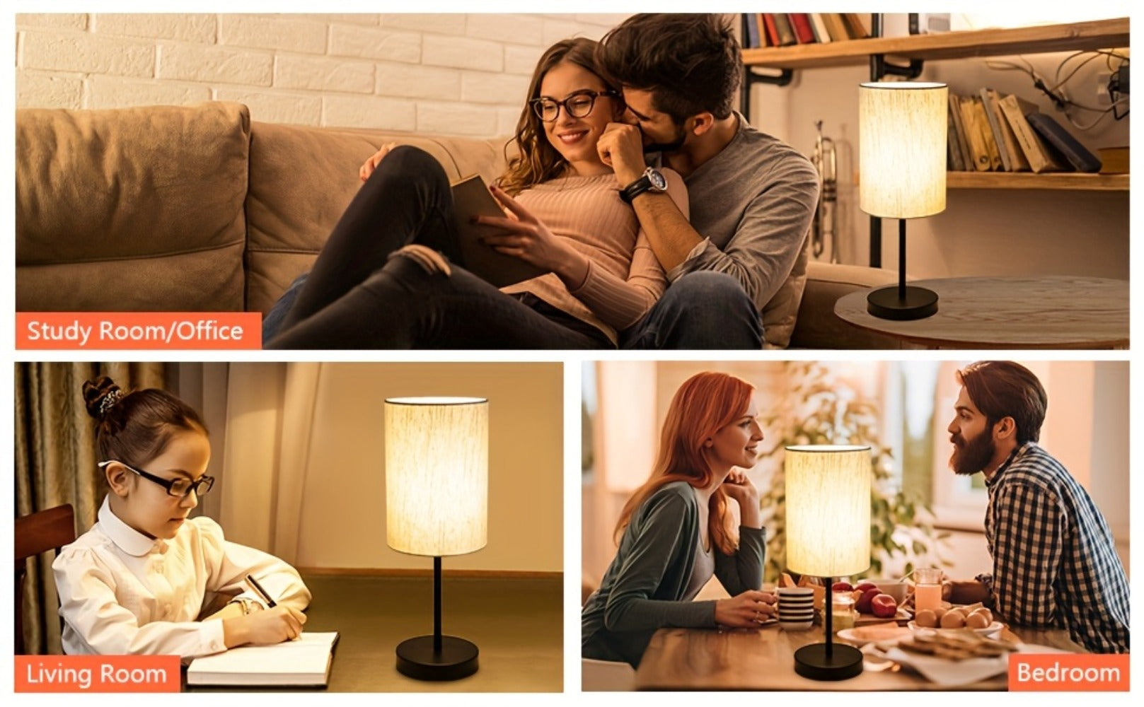 Small Bedside Table Lamp Set of 2 ¨C Linen Shade Nightstand Lamp with Cord Switch, 5W LED Bulb Included, Compact Desk Light for Bedroom Living Room Children's Room Office Dorm (Black / Beige Black)