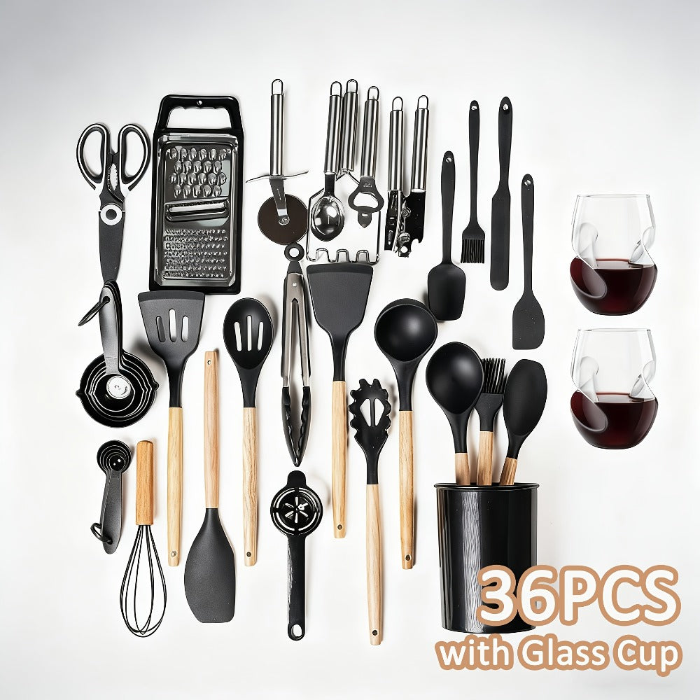 Silicone Cooking Utensils Set 35-Piece with Holder Rack Wooden Handle Heat Resistant Kitchen Tools for Non-Stick Pans ¨C Complete Kitchen Utensil Set in Multiple Colors