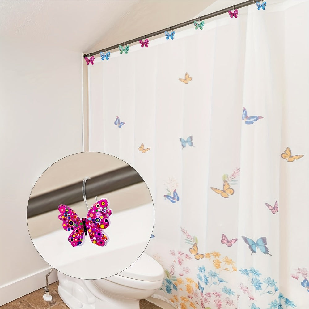 Butterfly Shower Curtain Hooks 12pcs Colorful Decorative Rustproof Metal Rings for Bathroom Wardrobe Curtain Rod