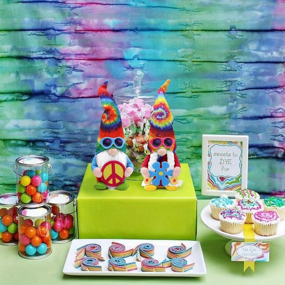 Hippie Gnomes Decorations 2 Pack ¨C Groovy Tie Dye Tomte Figurines with Peace Sign & Fashion Glasses, 13.5¡± Swedish Gnome Shelf Sitters for Farmhouse, Christmas, Halloween & Party Decor