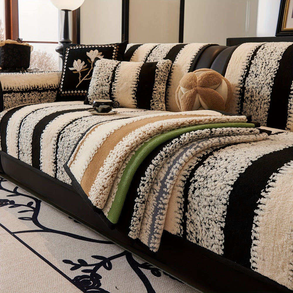 Sofa Cover Plush Jacquard Thick Non-Slip Couch Protector - Pet Friendly Furniture Cover for Living Room Bedroom Office, Machine Washable Retro Style Sofa Slipcover, Loveseat & 4-Seater, Black Grey Green Coffee