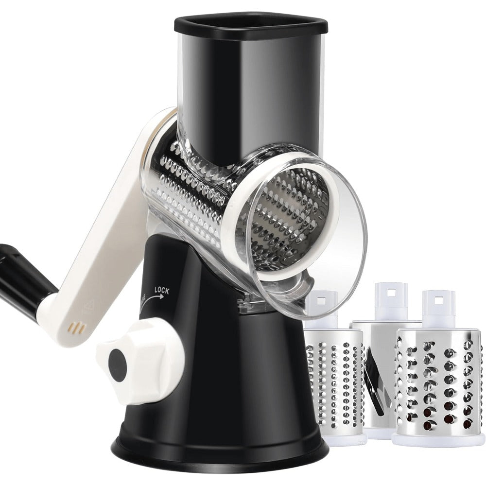 Rotary Cheese Grater ¨C Stainless Steel Hand Crank Shredder with 3 Interchangeable Blades, Non-Slip Suction Base & Cleaning Brush, BPA-Free Vegetable Grater for Cheese, Nuts & Vegetables