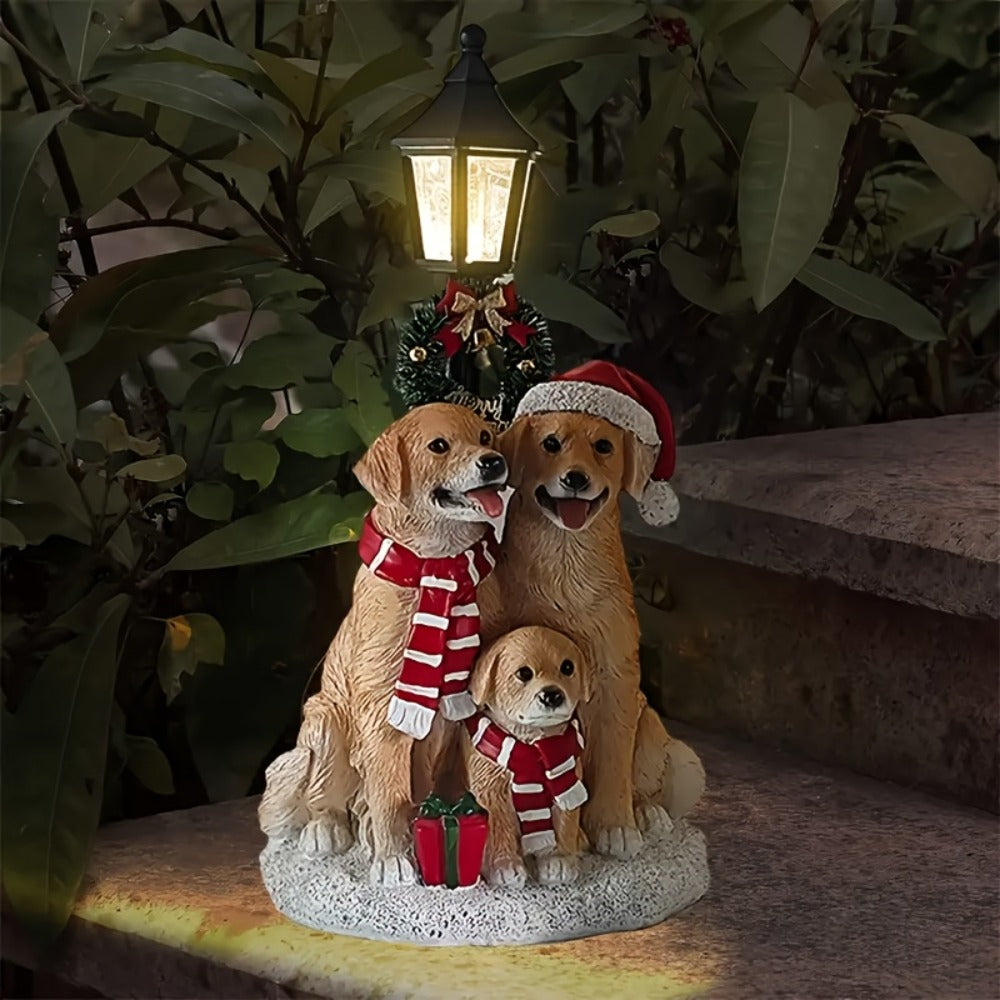 Golden Retriever Family LED Christmas Figurines - Realistic Resin Dog Statues with Santa Hats, Battery-Powered Warm Glow Holiday Decor for Mantel & Tabletop, Gift for Dog Lovers