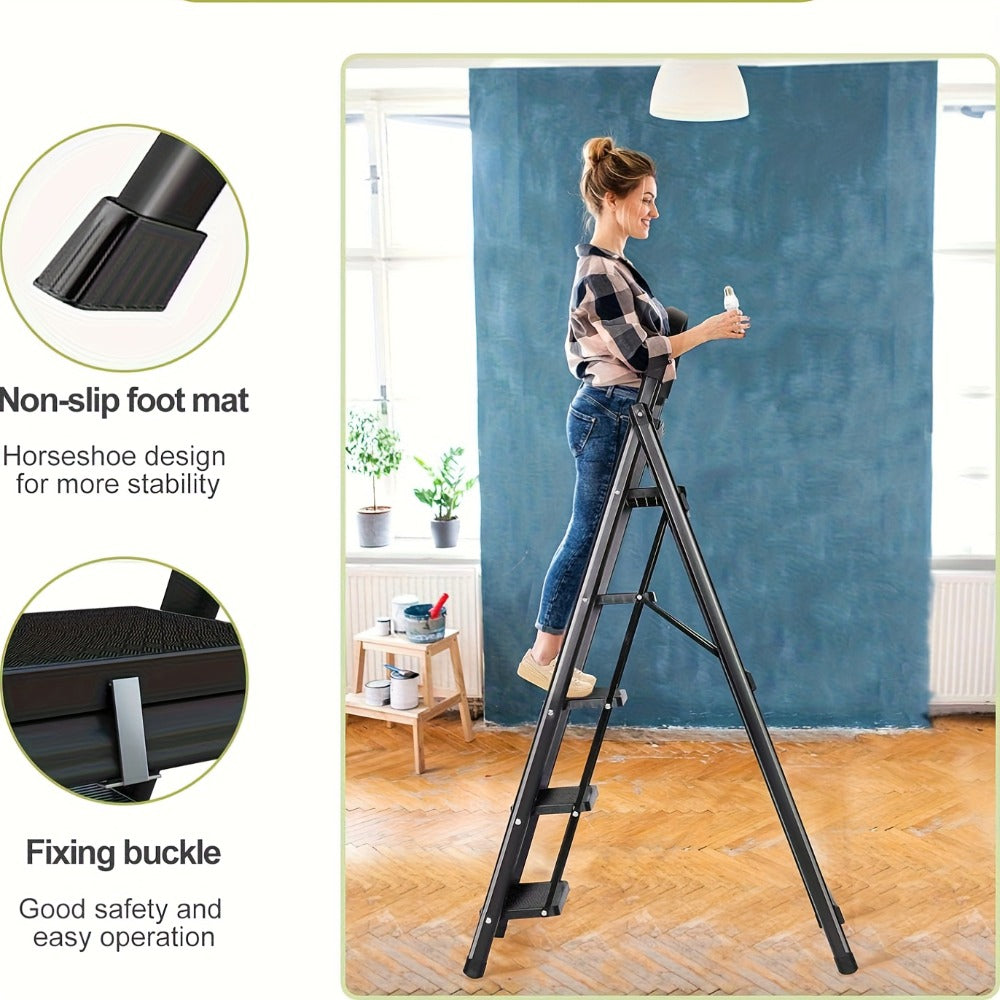 Folding Step Ladder 3 / 4 / 5 Step with Anti-Slip Pedal & Tool Tray ¨C 450 LBS Capacity Portable Steel Step Stool for Adults, Home, Kitchen, Library & Office Use ¨C Red & Black Options