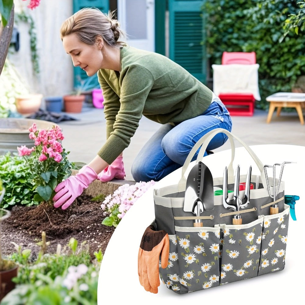 Garden Tool Bag Heavy Duty Multi-Pocket Organizer ¨C Large Capacity Tool Storage Carrier Tote for Gardening, Lawn Care, Camping & Outdoor Work, Portable Daisy Pattern, Black & Gray (No Tools Included)