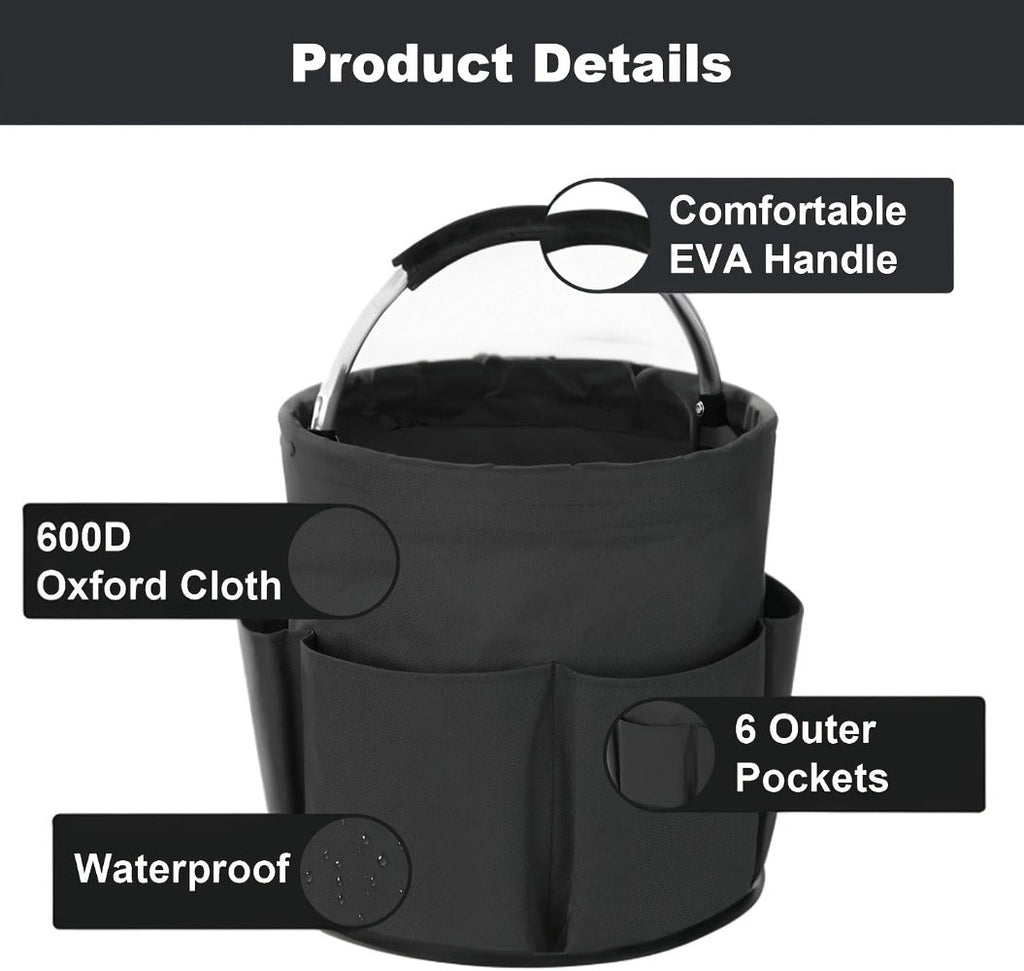 Foldable Cleaning Caddy Organizer 17L with Handle ¨C Portable Collapsible Bucket Bag with 6 Pockets for Cleaning Supplies, Toiletries & Garden Tools, Multi-Purpose Home Travel Basket