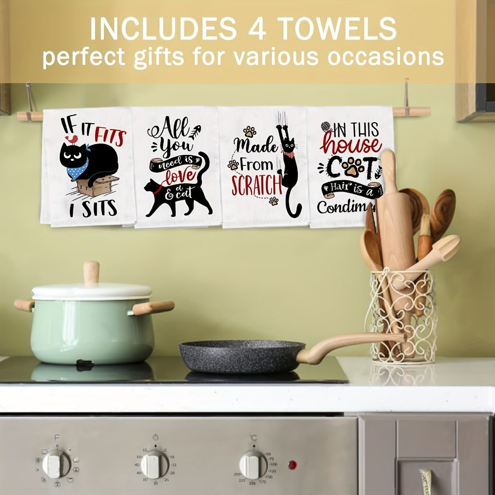 Cat Kitchen Dish Towels 4pcs ¨C Funny Cat Tea Towels for Cat Lovers, Housewarming Gift, Cute Knit Fabric Hand Towels 16x24 Inch