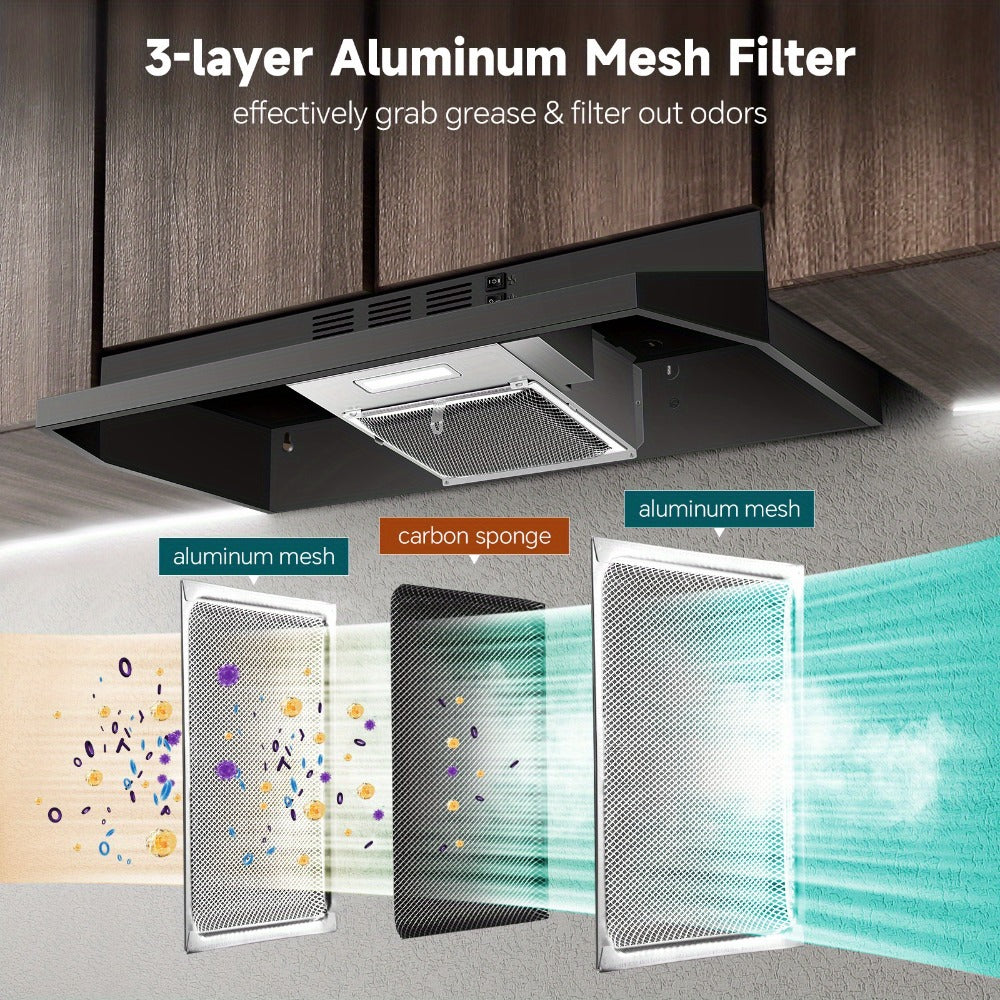 Range Hood 36 Inch Under Cabinet Ducted Ductless Convertible Stainless Steel 350CFM 2-Speed Exhaust Fan LED Light 3-Layer Aluminum Mesh Filter Top Rear Venting Kitchen Vent Hood