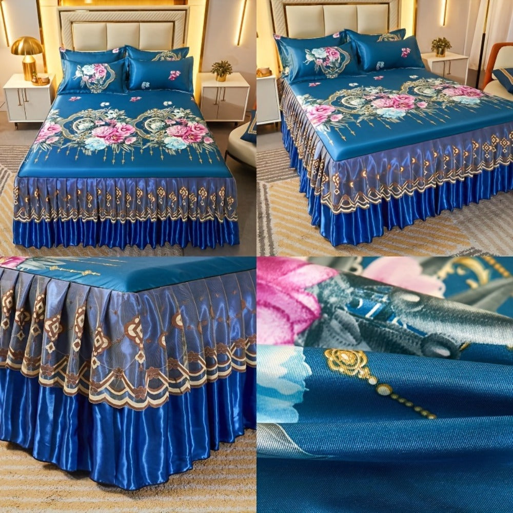 Floral Ruffle Bed Skirt Cool Mat 3 Piece Set with Pillowcase, Double Layer 360¡ã Full Wrap Washable Cooling Mattress Cover, Breathable Summer Bedding Set for Twin Full Queen King, Parisian Romantic Floral