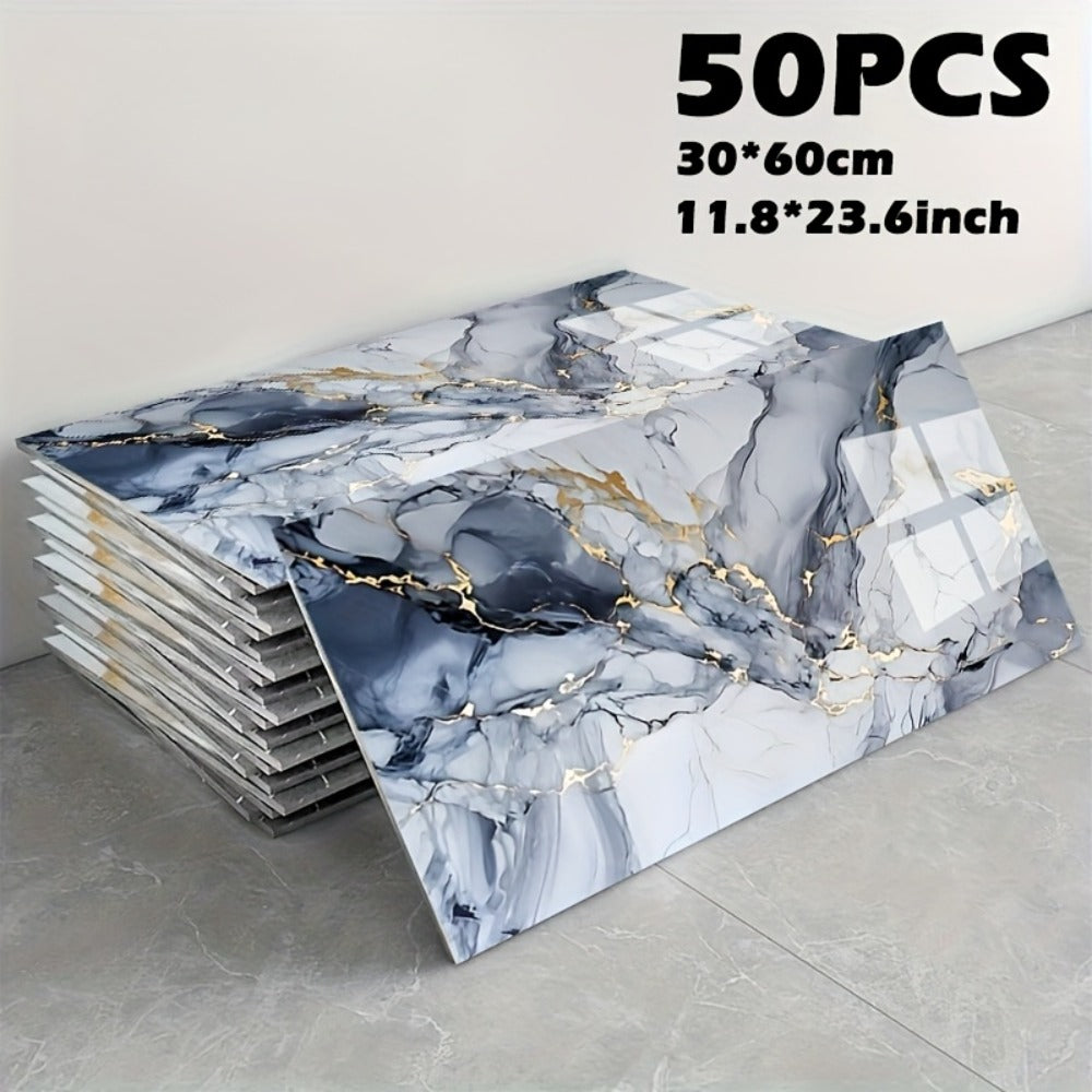 Peel and Stick Marble Tile Stickers ¨C Self Adhesive Foam Wall Tiles for Bathroom Kitchen Office Bohemian Home Decor (50/100pcs, White/Gray/Black/Blue Gold)