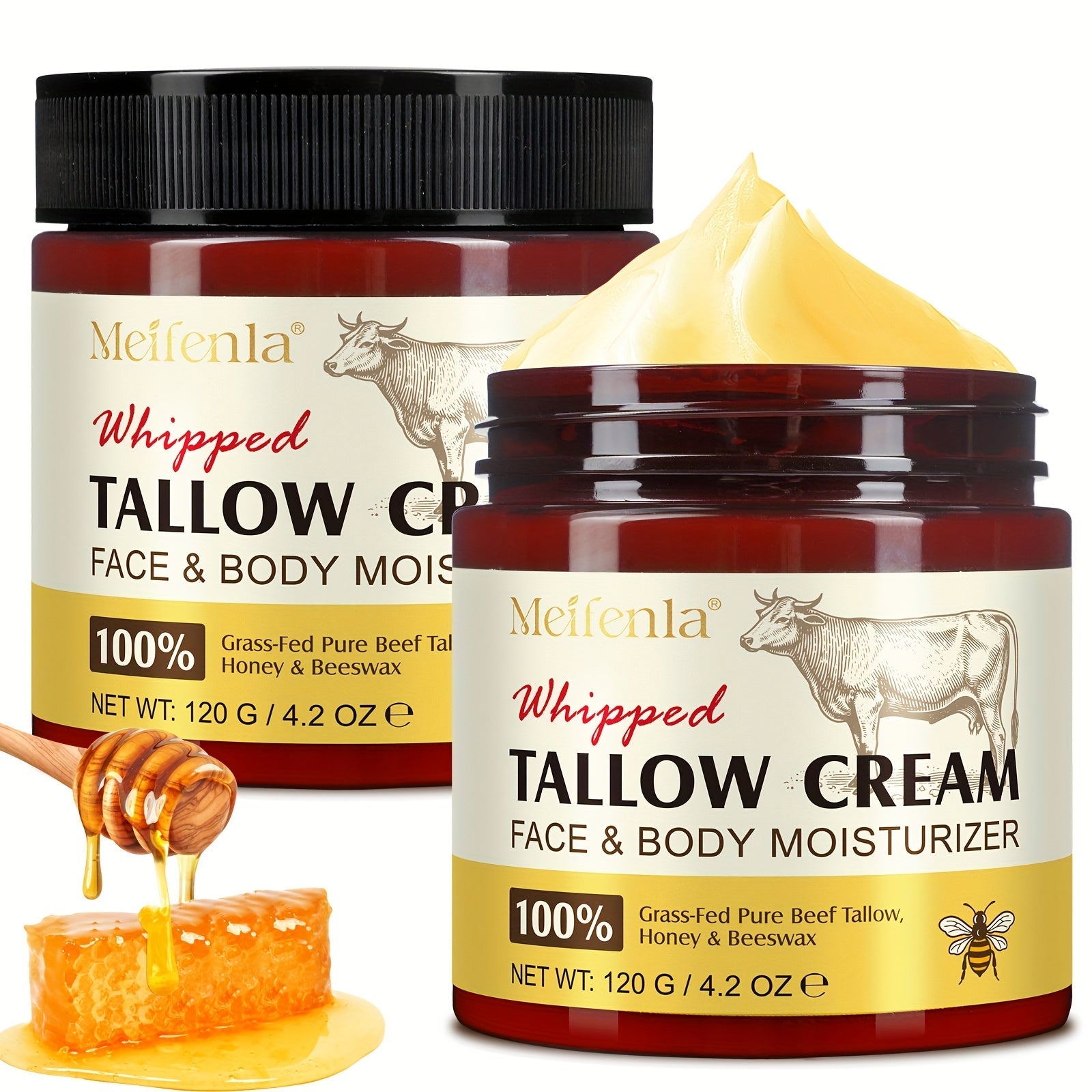 Whipped Tallow Cream 120g Grass-Fed Beef Tallow Honey Beeswax Moisturizing Face Body Hand Cream All Skin Types No Artificial Fragrance Skin Barrier Support