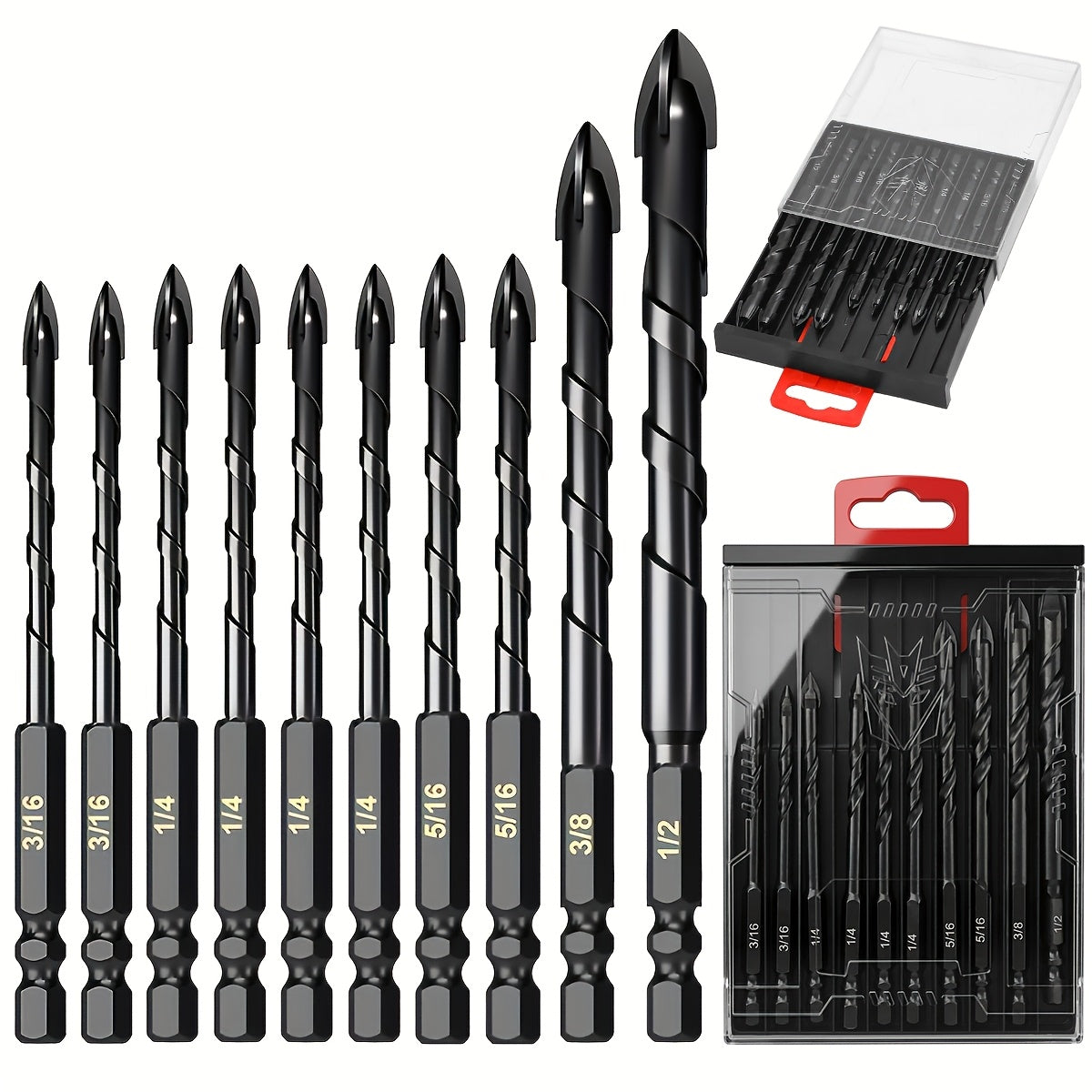 Masonry Drill Bits Set 10pcs ¨C Tungsten Carbide Tip Drill Bits for Tile, Brick, Glass, Ceramic, Concrete, Plastic & Wood | Multi-Material Heavy-Duty Drill Bit Kit for Home Improvement & DIY Projects