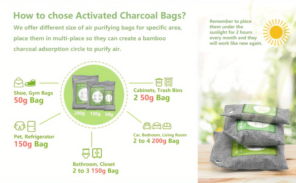 Bamboo Charcoal Air Purifying Bags Odor Absorber & Moisture Absorber Natural Activated Charcoal Odor Eliminator for Car Home Closet Shoe Refrigerator Pet Area Multi-Pack