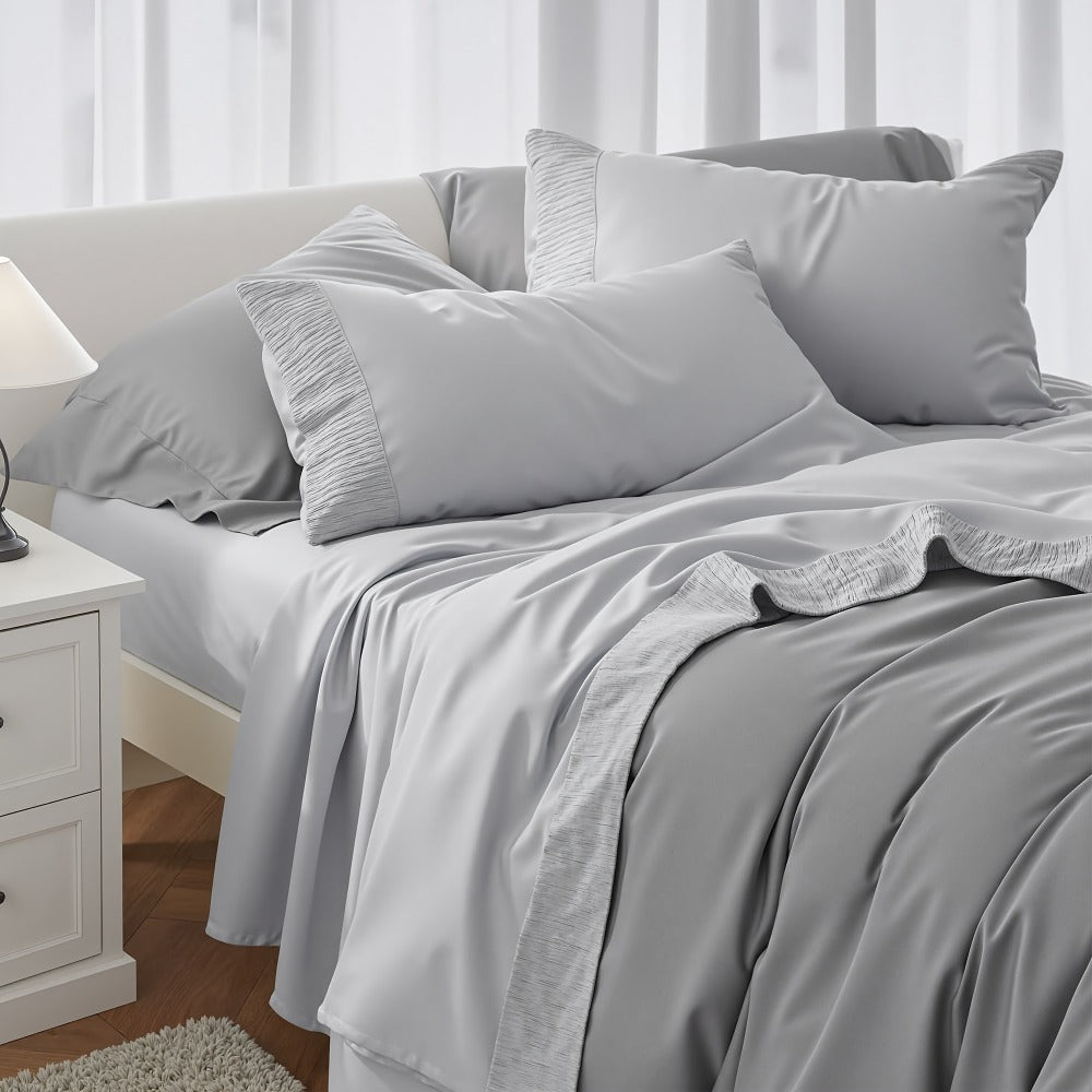 Bed Sheet Set 4-Piece Soft Breathable Cooling Sheets - Flat Sheet, Fitted Sheet & 2 Pillowcases, Wrinkle-Free Hotel Luxury Bedding, All Season Comfort