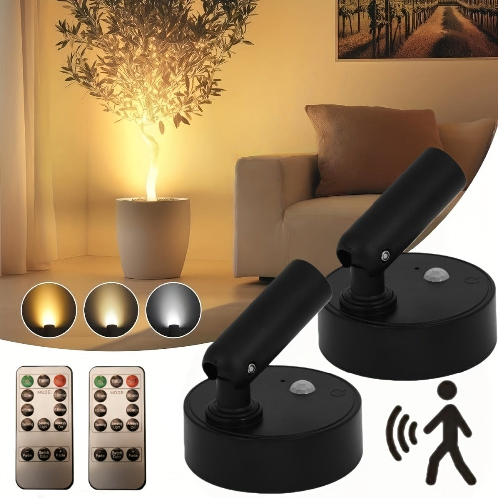 Wireless LED Spotlight Indoor 2 Pack Remote Control 3-Color Adjustable Motion Sensor Magnetic USB Rechargeable Wall Light for Bedroom Corridor Art Display