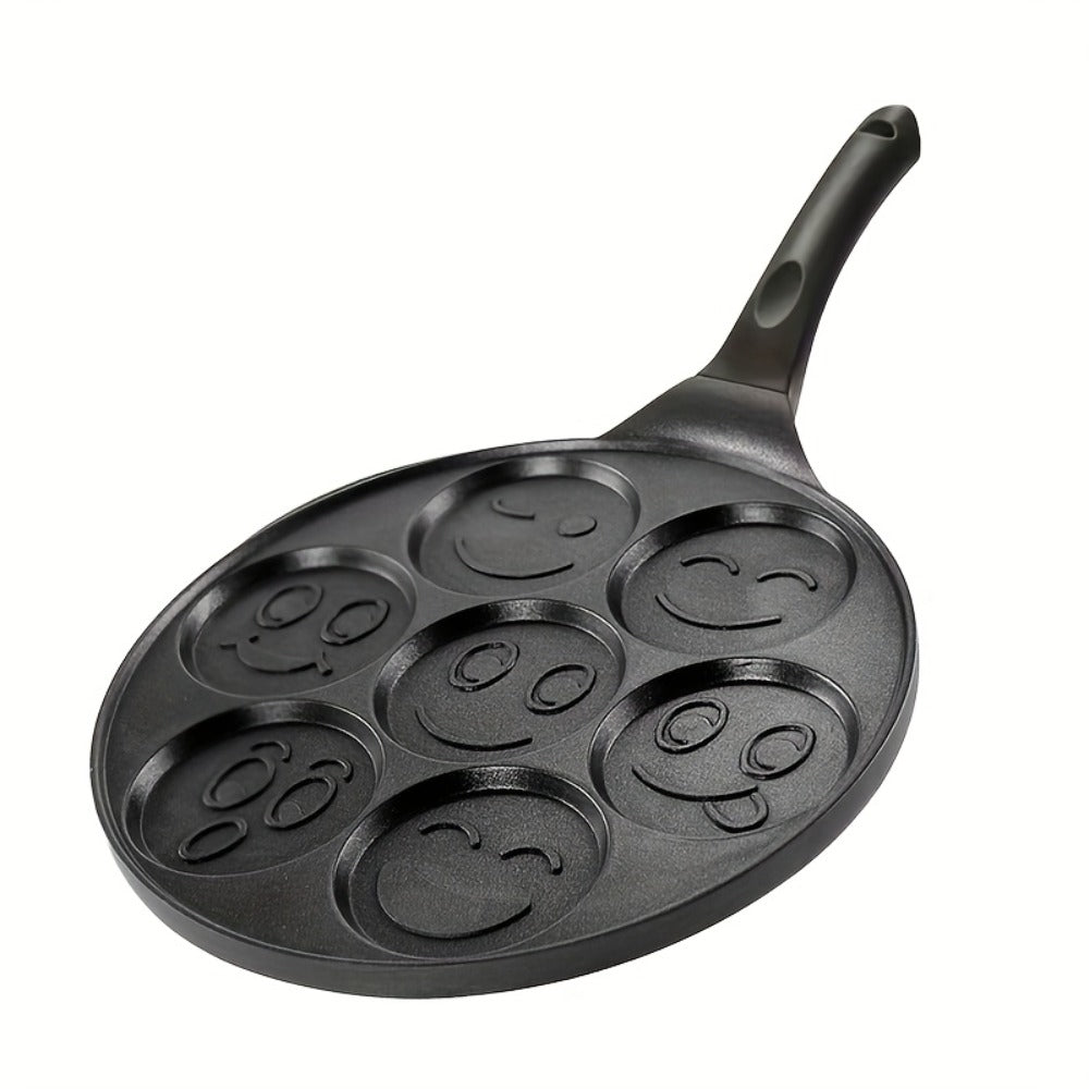 Non-Stick Pancake Pan 7-Hole Smiley Face ¨C Fun Breakfast Egg & Bacon Frying Tray for Kids & Family, Easy to Clean, Mini Pancake Maker Baking Pan Kitchen Cooking Tool