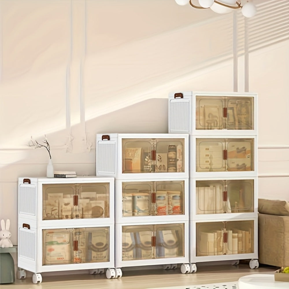 Stackable Storage Cabinet with Doors and Wheels | Collapsible Plastic Locker 1-5 Layers Large Capacity Home Organization for Bedroom Living Room Kitchen Easy Assembly Space Saving