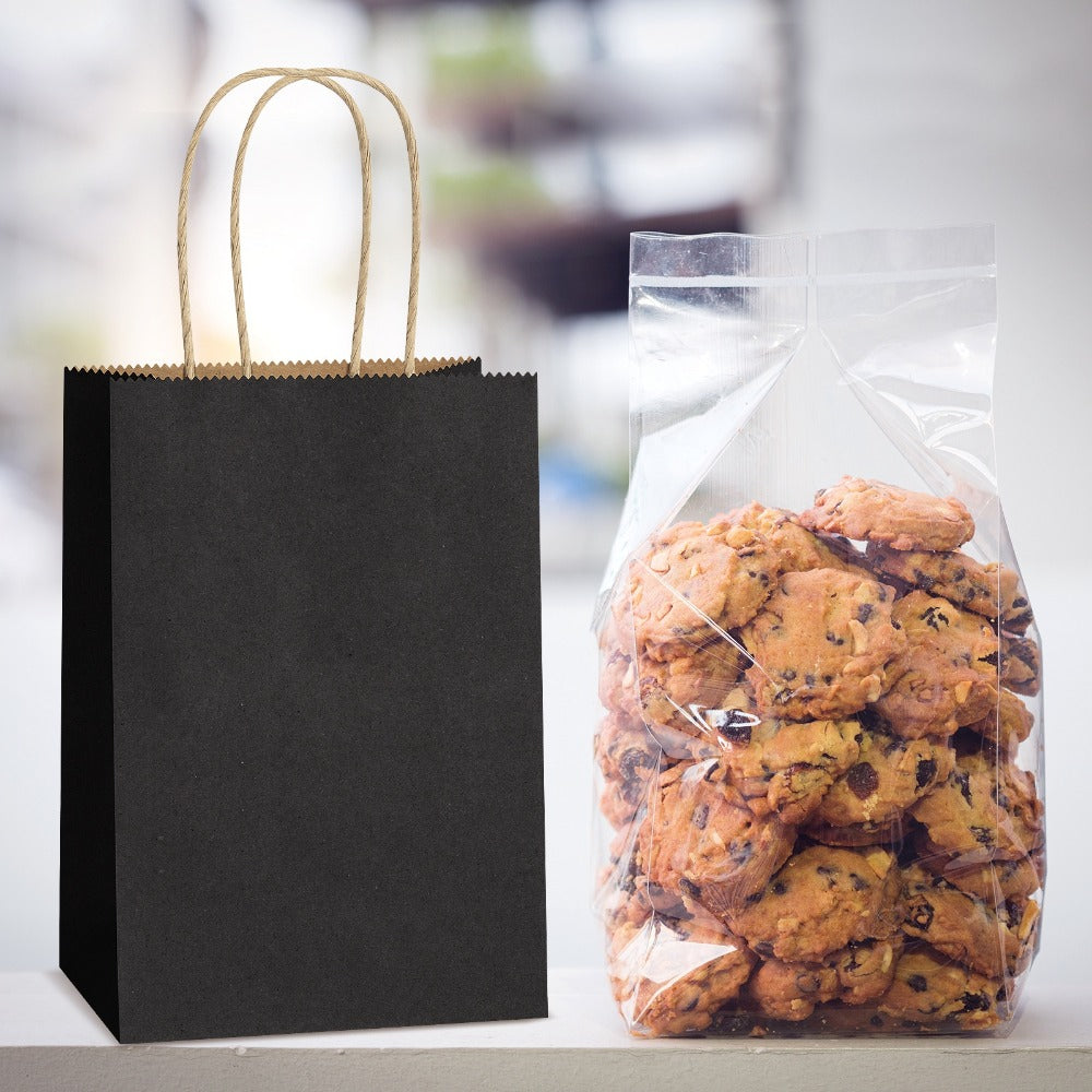 Kraft Paper Gift Bags 100 Pack with Handles | 4.25x2.85x7.85 Inch Small Shopping Bags for Retail, Wedding, Birthday, Party Favor, Coffee, Boutique | Brown, Black, White | Bulk Gift Wrap Bags