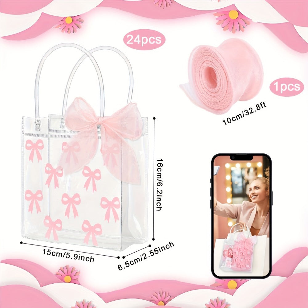 Clear PVC Gift Bags with Pink Bow & Ribbon 24-Pack Party Favor Tote Bags