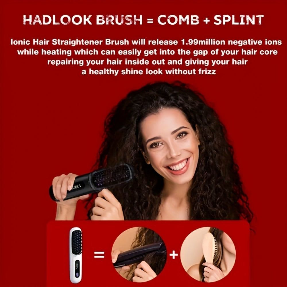 Portable Wireless Hair Straightener Comb USB Rechargeable 3-Speed Temp Control Negative Ion LED Display Lightweight for Travel