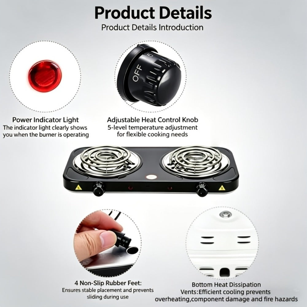 Portable Electric Stove Tabletop Double Burner ¨C Adjustable Rotary Temperature Control, Compact Electric Charcoal Heater for Home, Office, Dorm, Camping, Milk & Coffee Heating, Black
